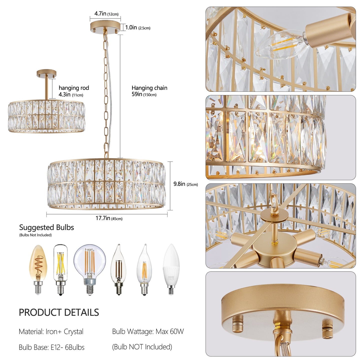 18' Golden Modern Crystal Drum Chandelier - 6-Light Pendant Lighting
