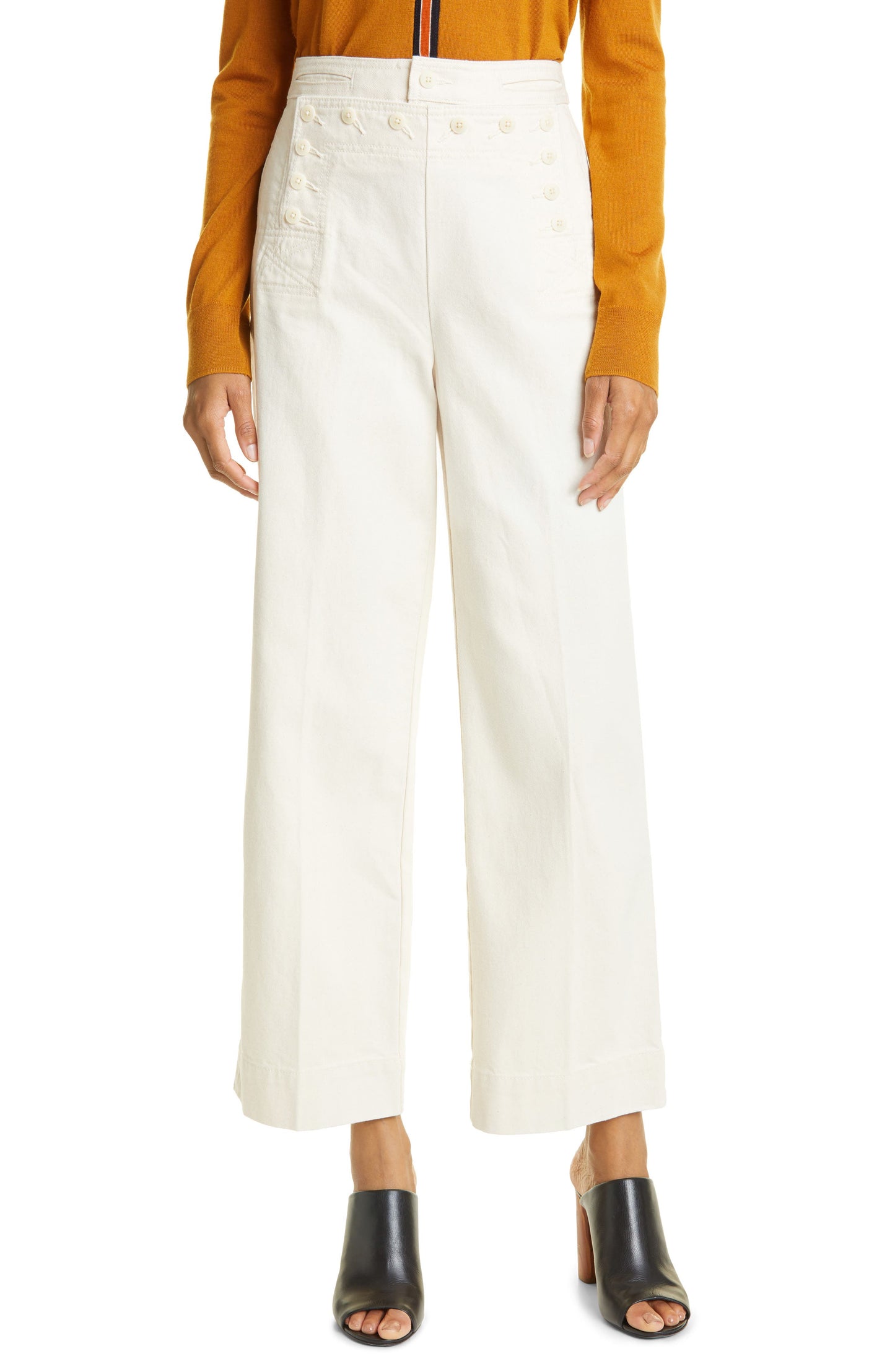 Tory Burch Cotton Denim Sailor Pants - Natural