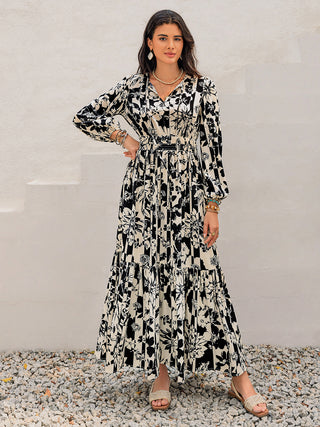 Vestido de manga comprida com decote em V e estampa smocked