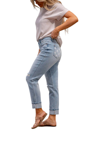 Judy Blue - Calça jeans estilo boyfriend com cintura média e punho American Stars