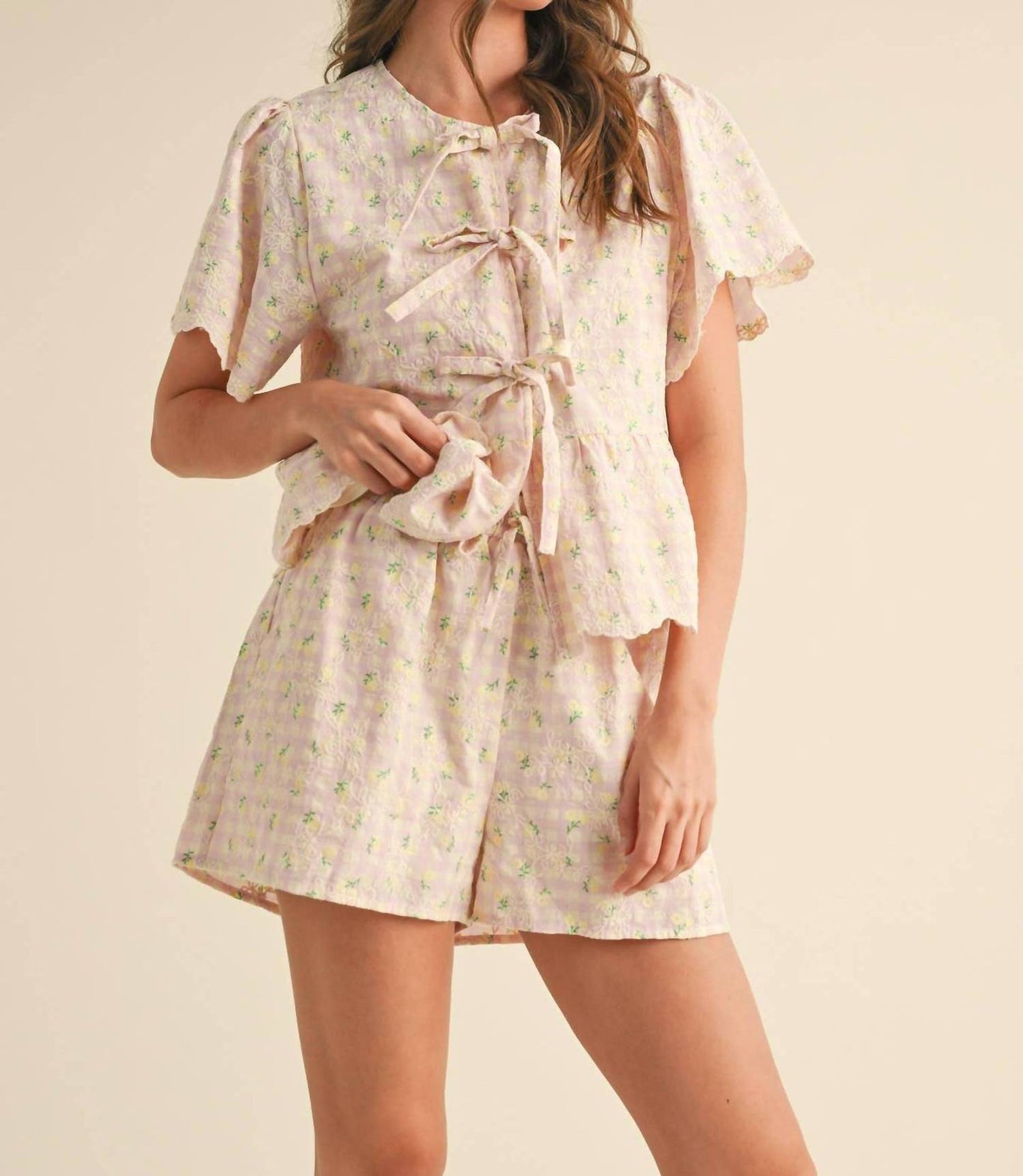 &Merci - Embroidered Floral Gingham Top And Shorts Set