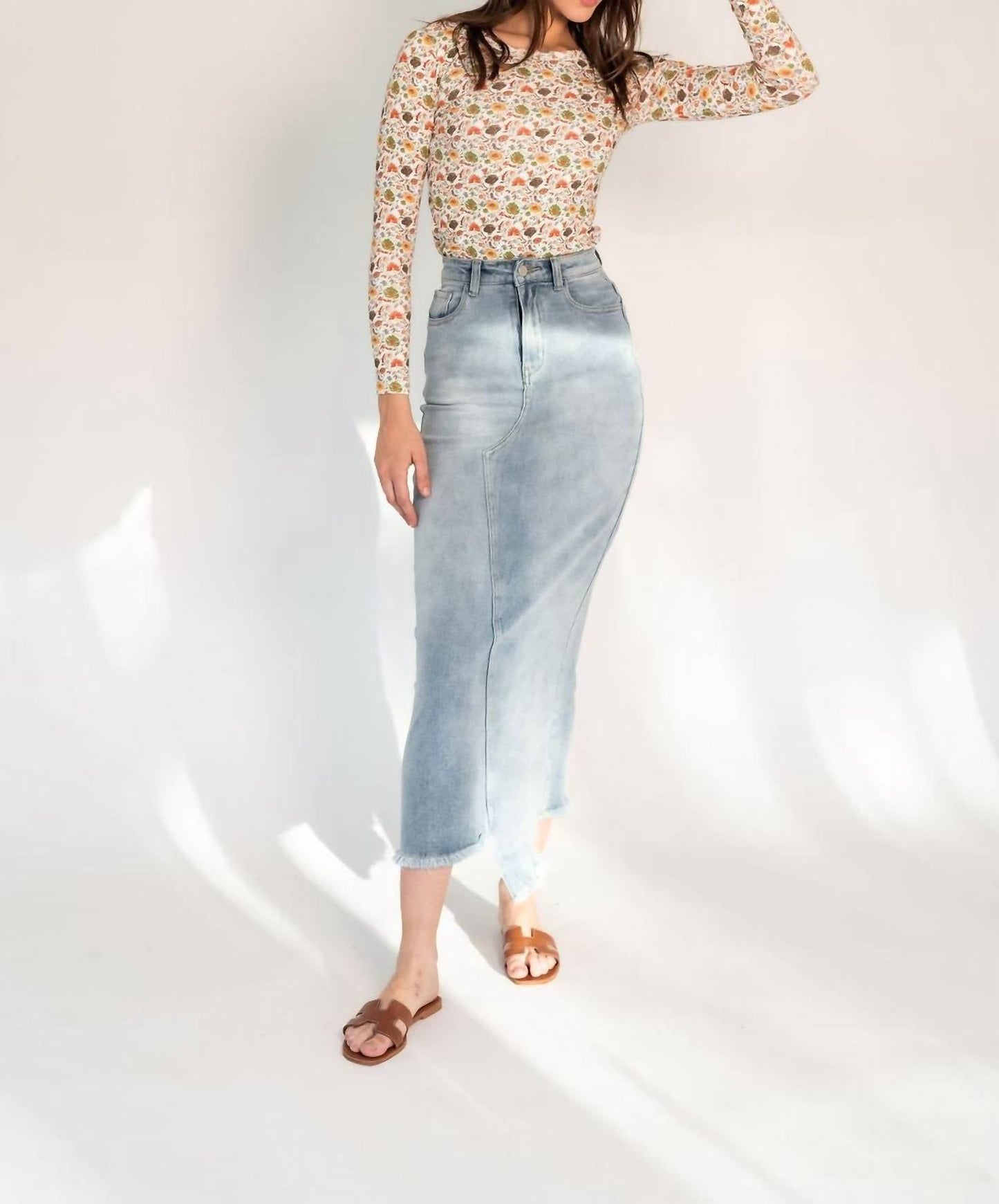 Recollection Brand - Frayed Hem Asymmetrical Stretch Denim Maxi Skirt