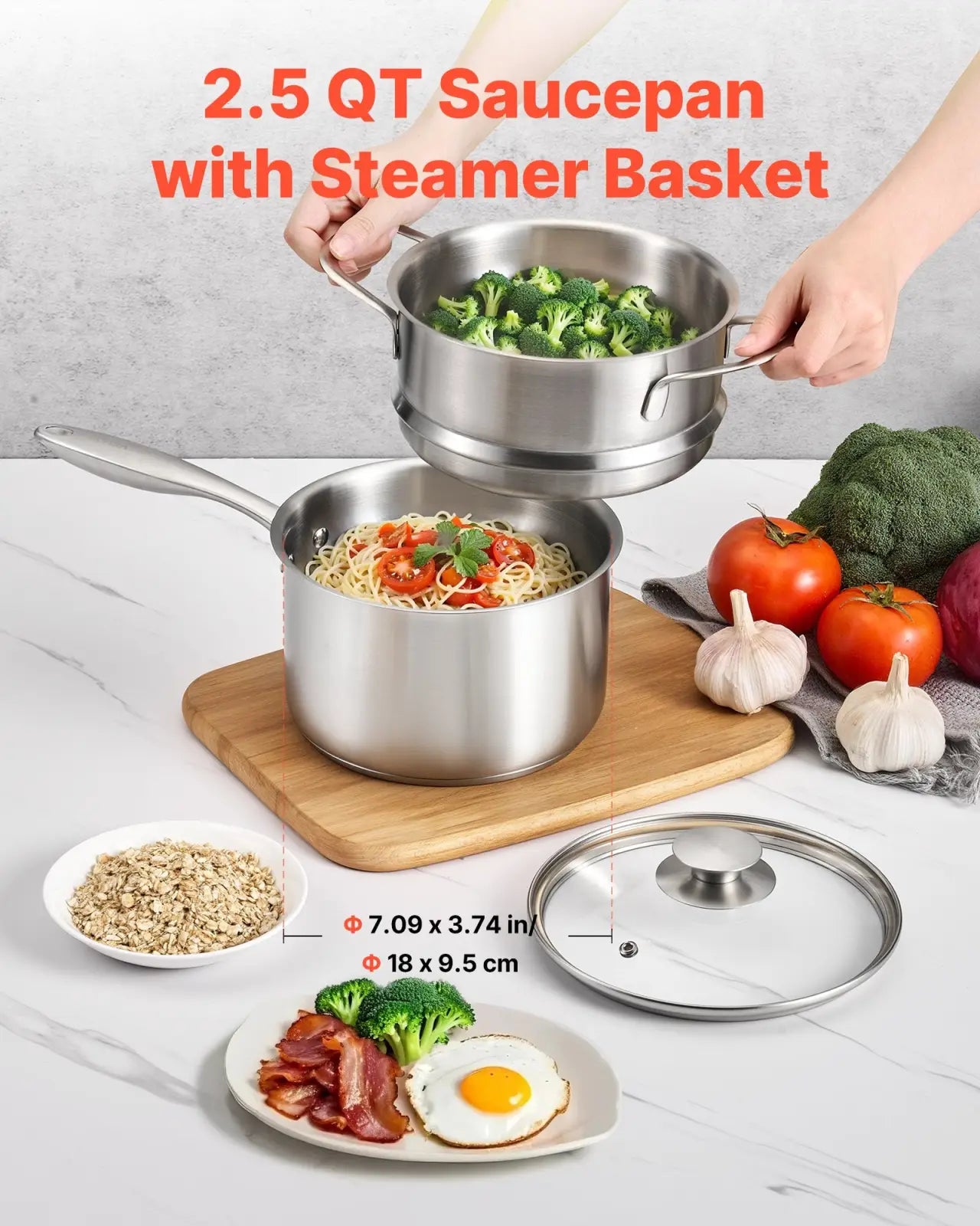 2.5 Qt Stainless Steel Saucepan with Steamer Basket