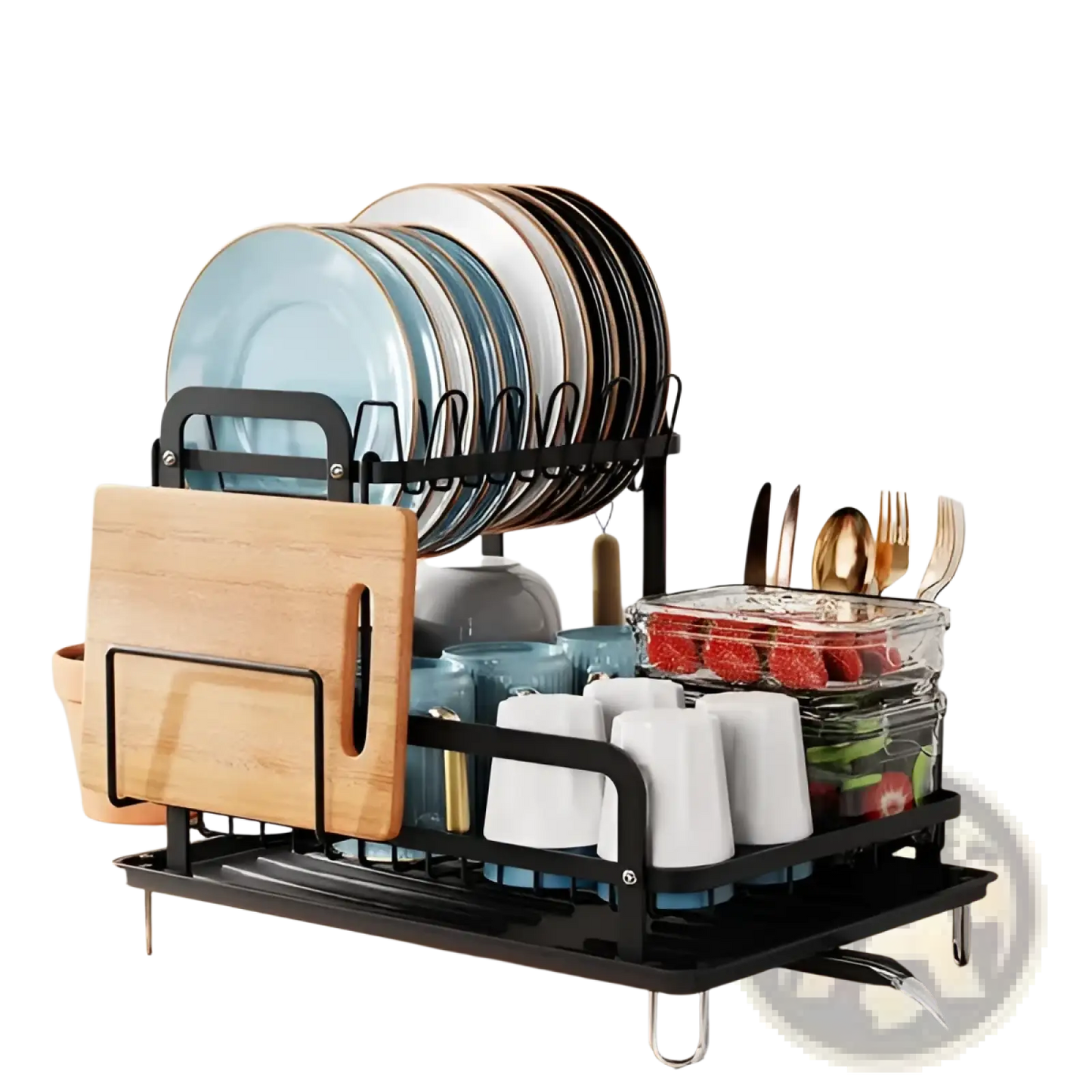 2-tier Dish Drying Rack with Drainboard and Wood Board