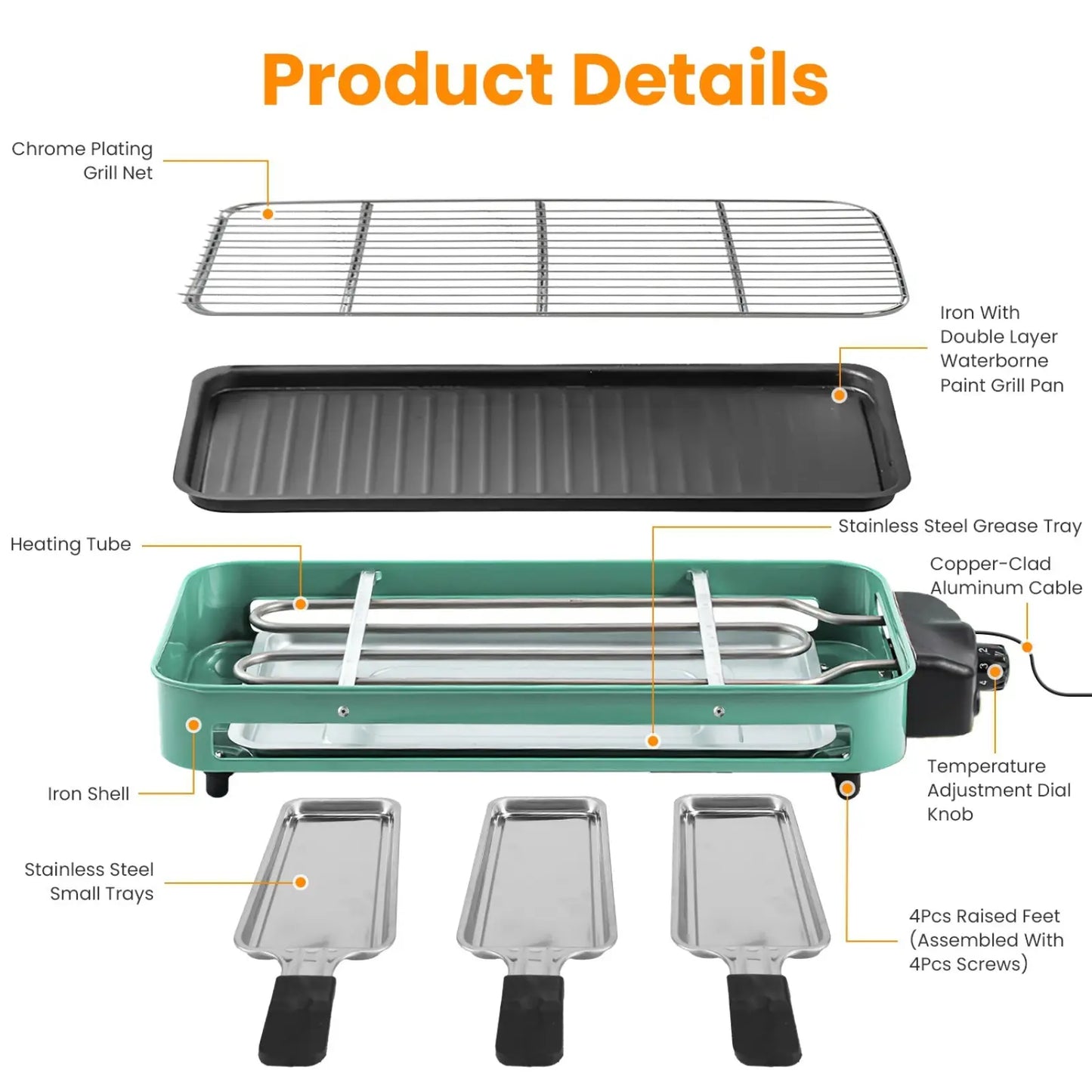 2000w Electric Indoor Grill with 3 Raclette Trays