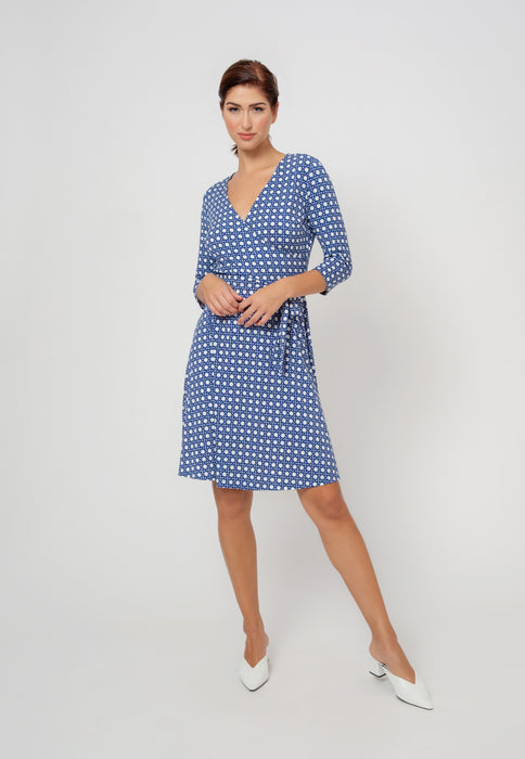 Vestido feminino Leota Perfect Wrap com manga 3/4, azul, tamanho médio