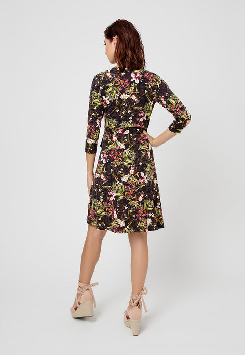 Vestido feminino Leota Perfect Wrap com manga 3/4, preto, tamanho médio