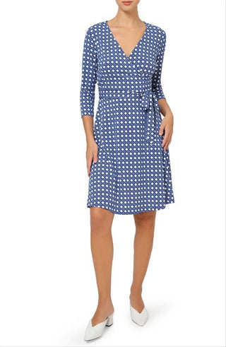 Vestido envelope falso de manga comprida perfeito para mulheres Leota, azul, tamanho grande
