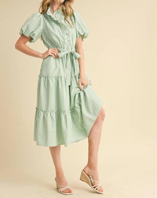 &amp;Merci - Vestido midi listrado com botões e babados