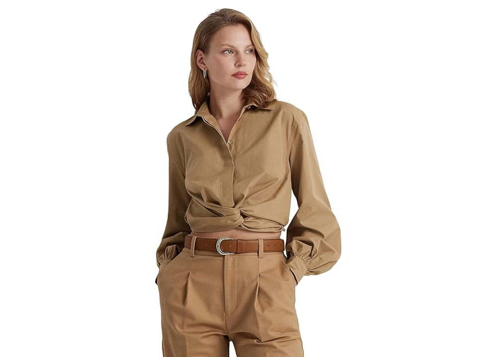 Camisa curta de tecido largo com torção frontal LAUREN Ralph Lauren, marrom, tamanho 4