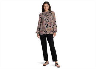 Blusa plissada com estampa de georgette e gola alta, preta, LAUREN Ralph Lauren