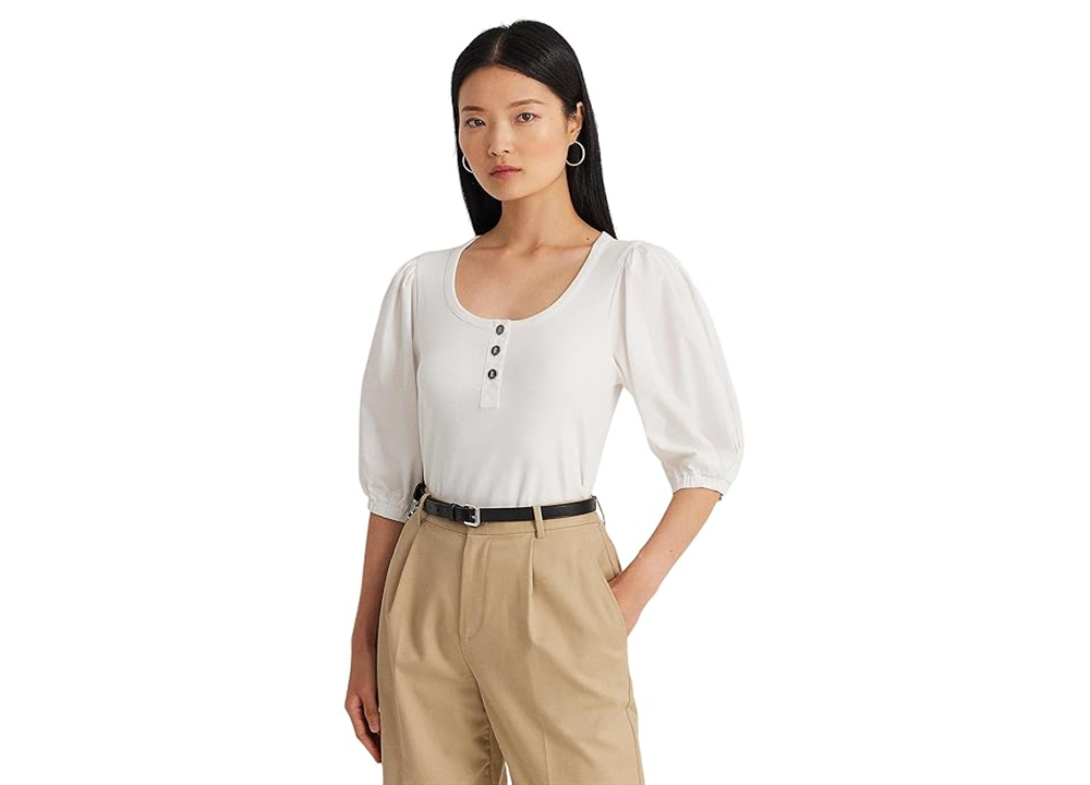 Camiseta Henley de algodão elástico com manga bufante LAUREN Ralph Lauren