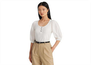 Camiseta Henley de algodão elástico com manga bufante LAUREN Ralph Lauren