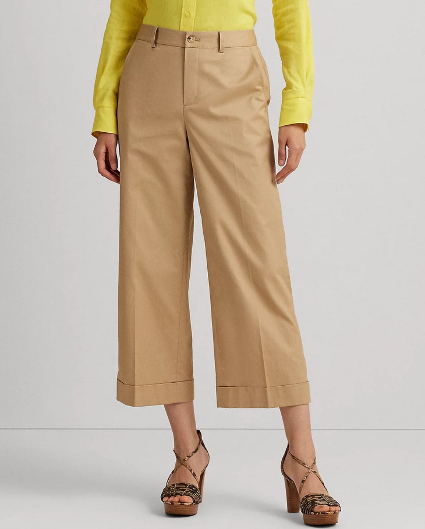 Calça curta feminina Lauren Ralph Lauren, plissada, de sarja de algodão, tamanho 16, Birch Tan