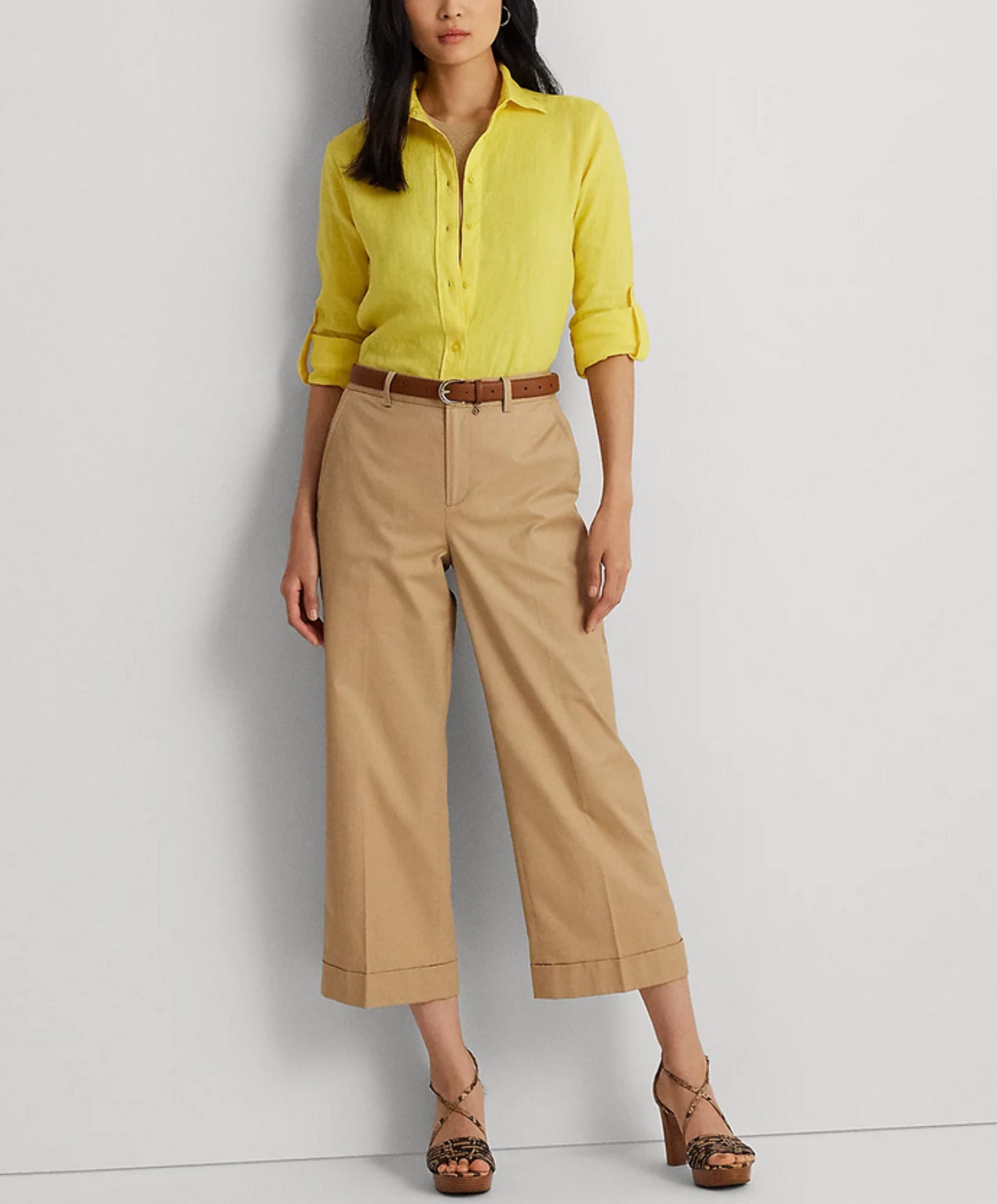 Calça curta feminina Lauren Ralph Lauren, plissada, de sarja de algodão, tamanho 16, Birch Tan