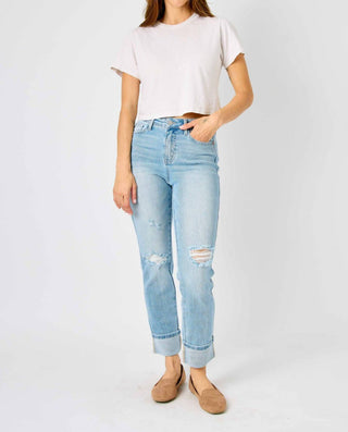 Judy Blue - Calça jeans estilo boyfriend com punho bandeira americana de cintura média
