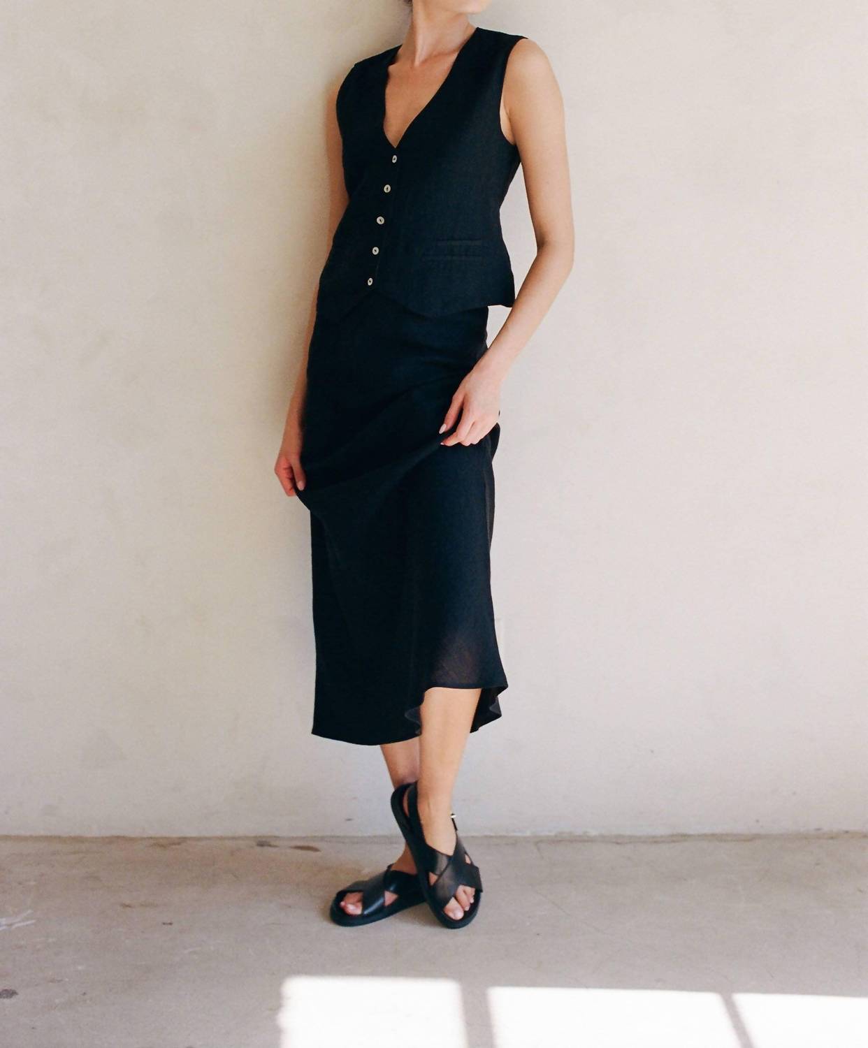 A.Ren - Woven Elastic Waist Long Linen Skirt