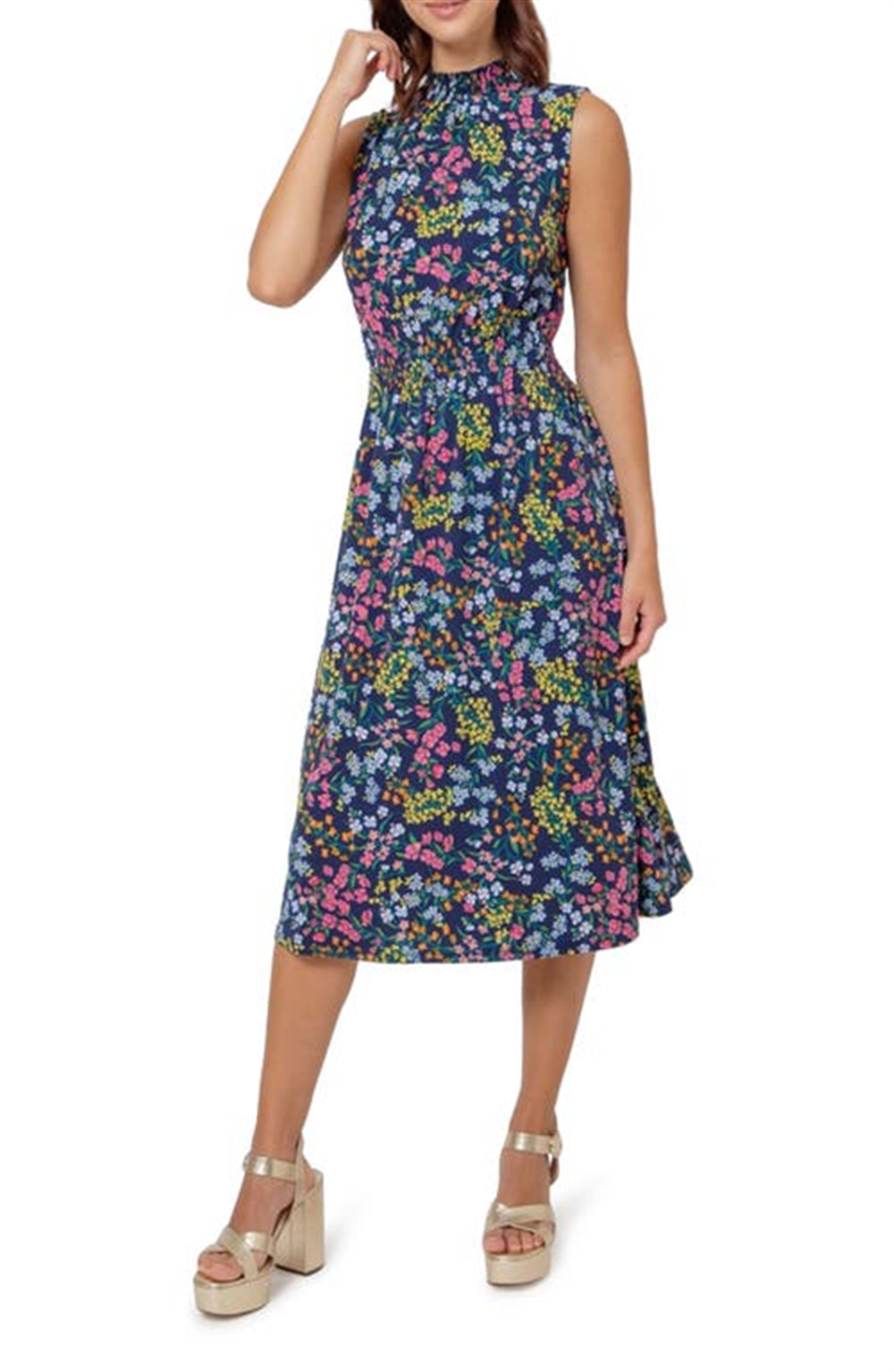 Vestido sem mangas com estampa floral Samantha da Leota para mulheres, azul, tamanho X-S