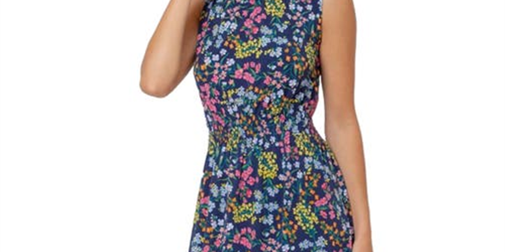 Vestido sem mangas com estampa floral Samantha da Leota para mulheres, azul, tamanho X-S