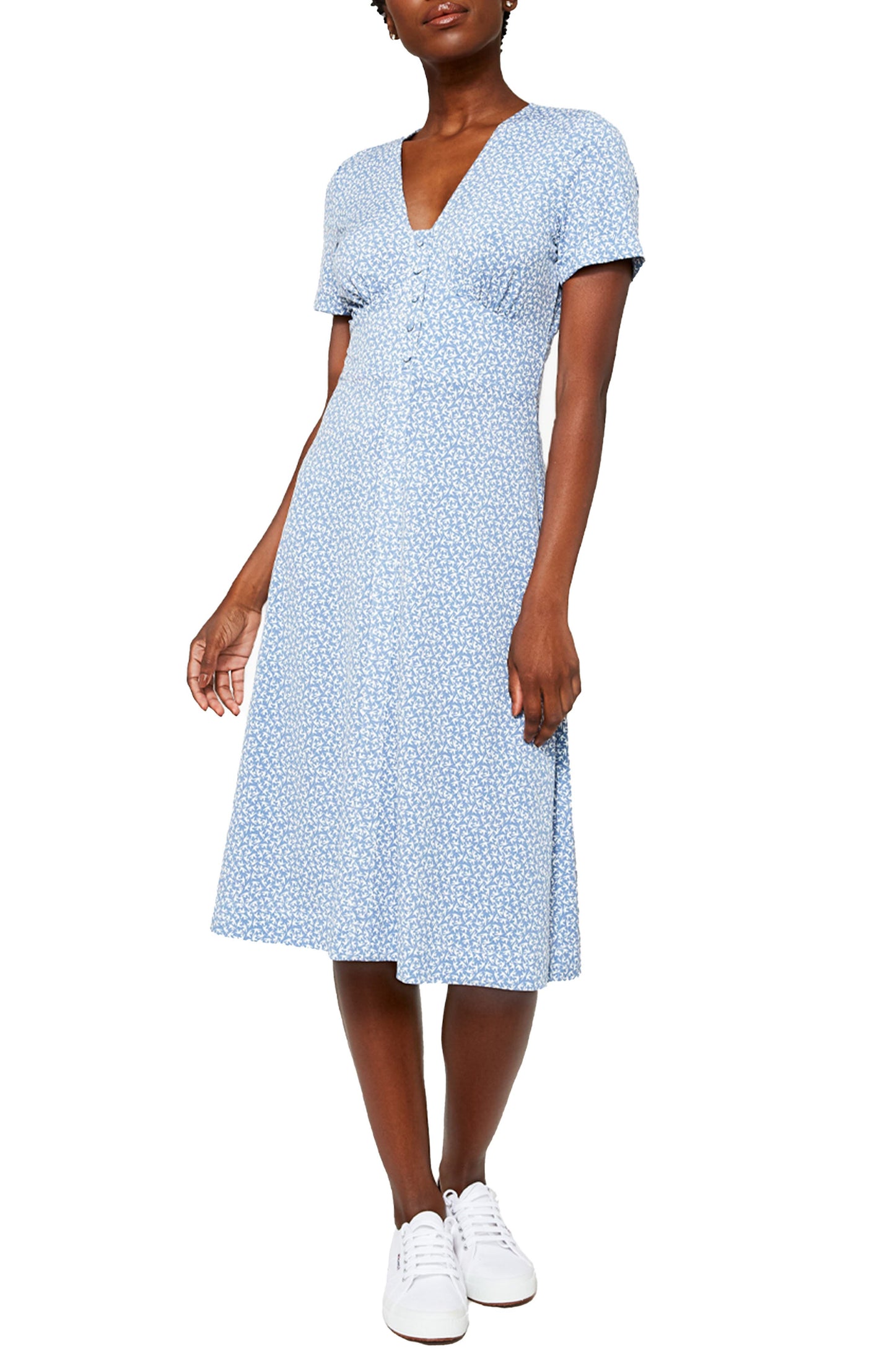 Vestido Leota Francesca com estampa de pássaro em azul Flock Quiet Harbor, tamanho M