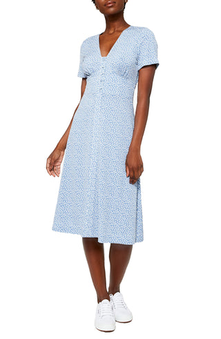 Vestido Leota Francesca com estampa de pássaro em azul Flock Quiet Harbor, tamanho M