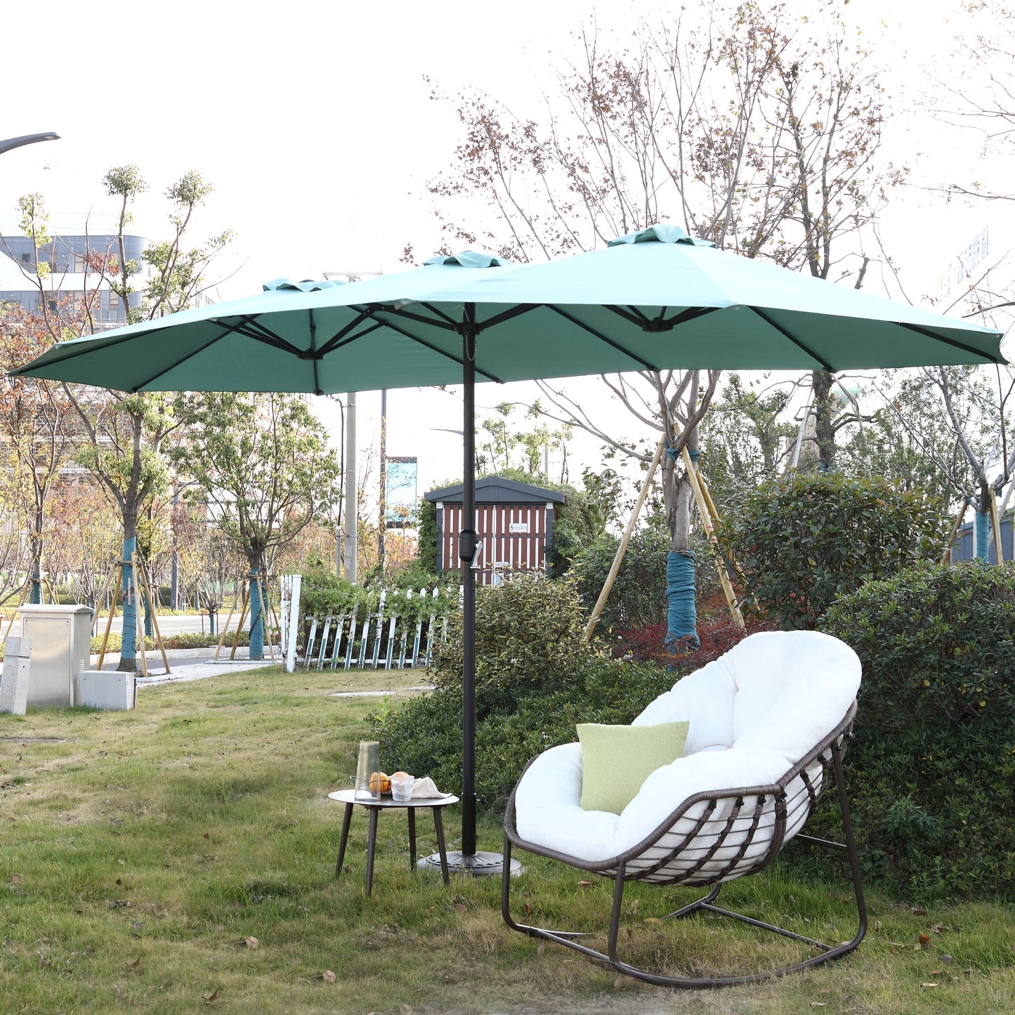 14.8 Ft Double Sided Outdoor Umbrella Rectangular Large with Crank (Light Green)