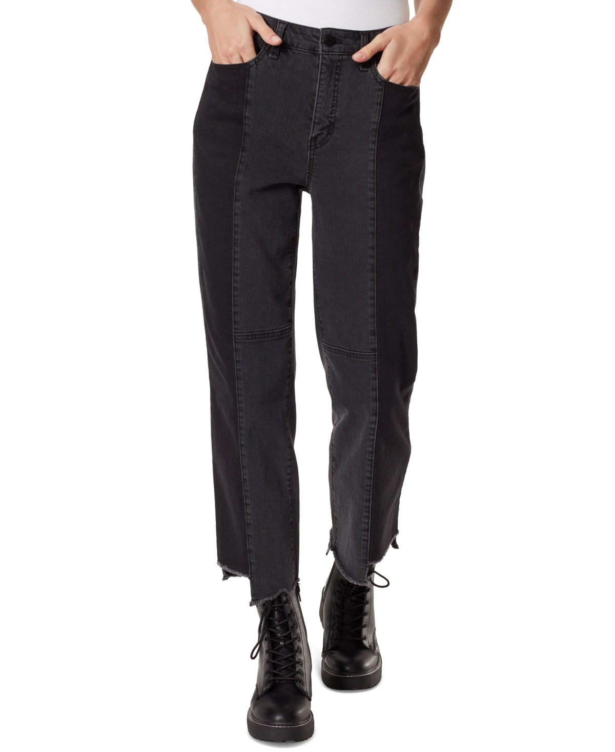 FRAYED Womens Black Pocketed Zippered Frayed Hem Button Closure Color Block Straight leg Jeans 30