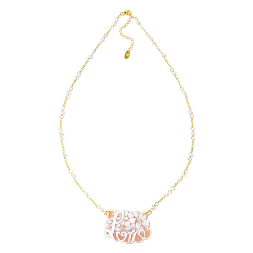 Colar Cameo Italiano "Elysee" com pérolas cultivadas e conchas Cameo com escolha de palavras