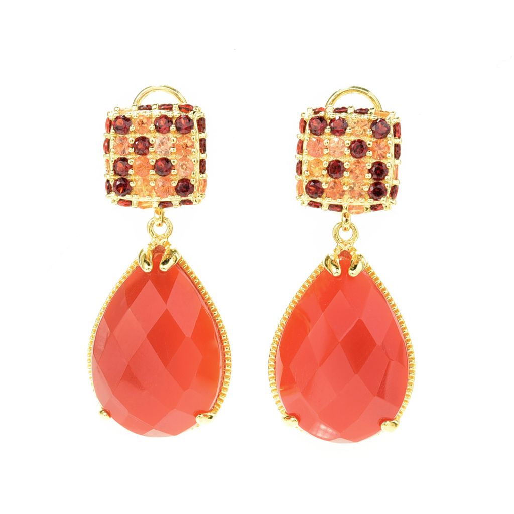 Brincos pendentes de calcedônia e várias pedras preciosas banhados a ouro 14K de 20 x 14 mm