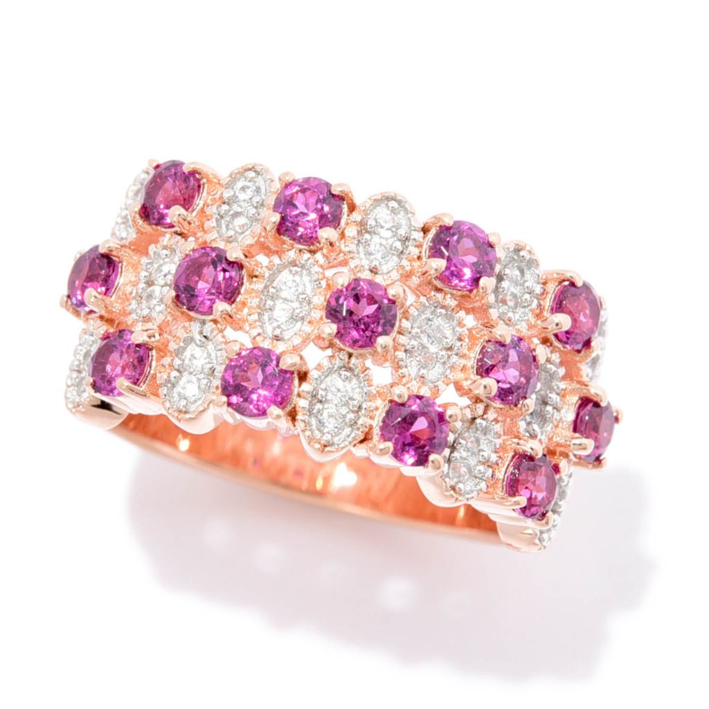 Anel de três fileiras de granada roxa e zircônia branca Gem Treasures de 1,49 quilates