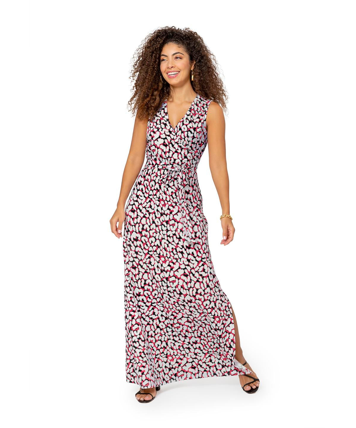 Vestido longo sem mangas Leota feminino, perfeito, com estampa de leopardo e pomba, branco