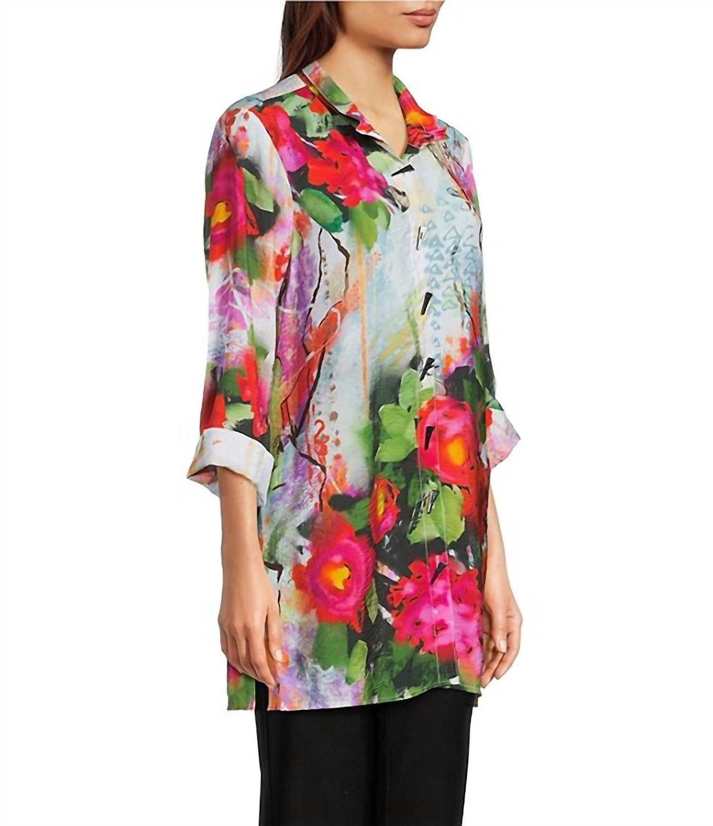 Ali Miles - Woven Floral Wire Neck Button-front Tunic