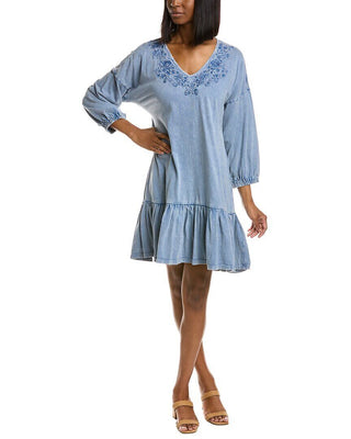 Leota Women's Embroidered Luna Dress in Chambray Blue Large Lord & Taylor Blue