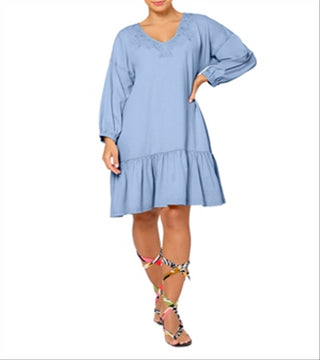 Leota Women's Embroidered Luna Dress in Chambray Blue Large Lord & Taylor Blue