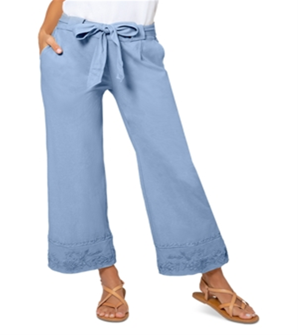 Calça feminina Leota Lupita com bordado floral e perna larga no tornozelo, azul, tamanho médio