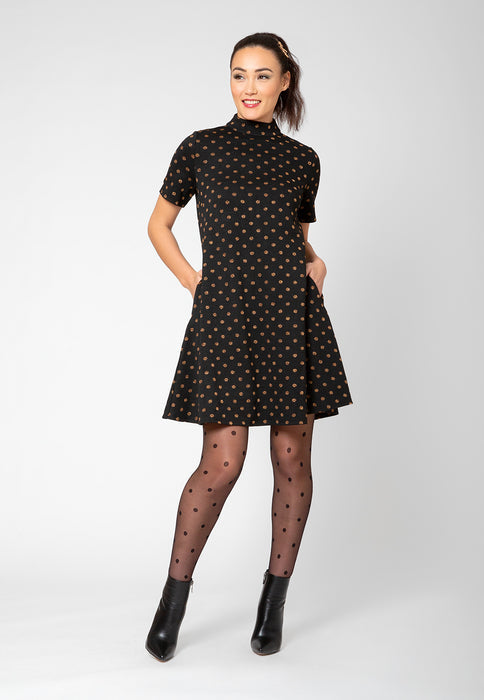 Vestido Leota Feminino Anya com Bolinhas e Ajuste Flare, Preto, Tamanho Grande