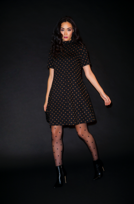 Vestido Leota Feminino Anya com Bolinhas e Ajuste Flare, Preto, Tamanho Pequeno