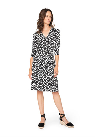 Vestido feminino Leota's Wrap com manga 3/4 Zig Zag Preto e Branco