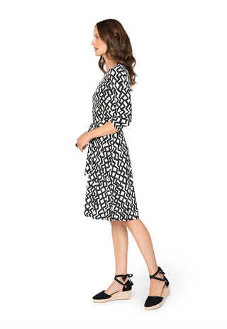 Vestido feminino Leota's Wrap com manga 3/4 Zig Zag Preto e Branco