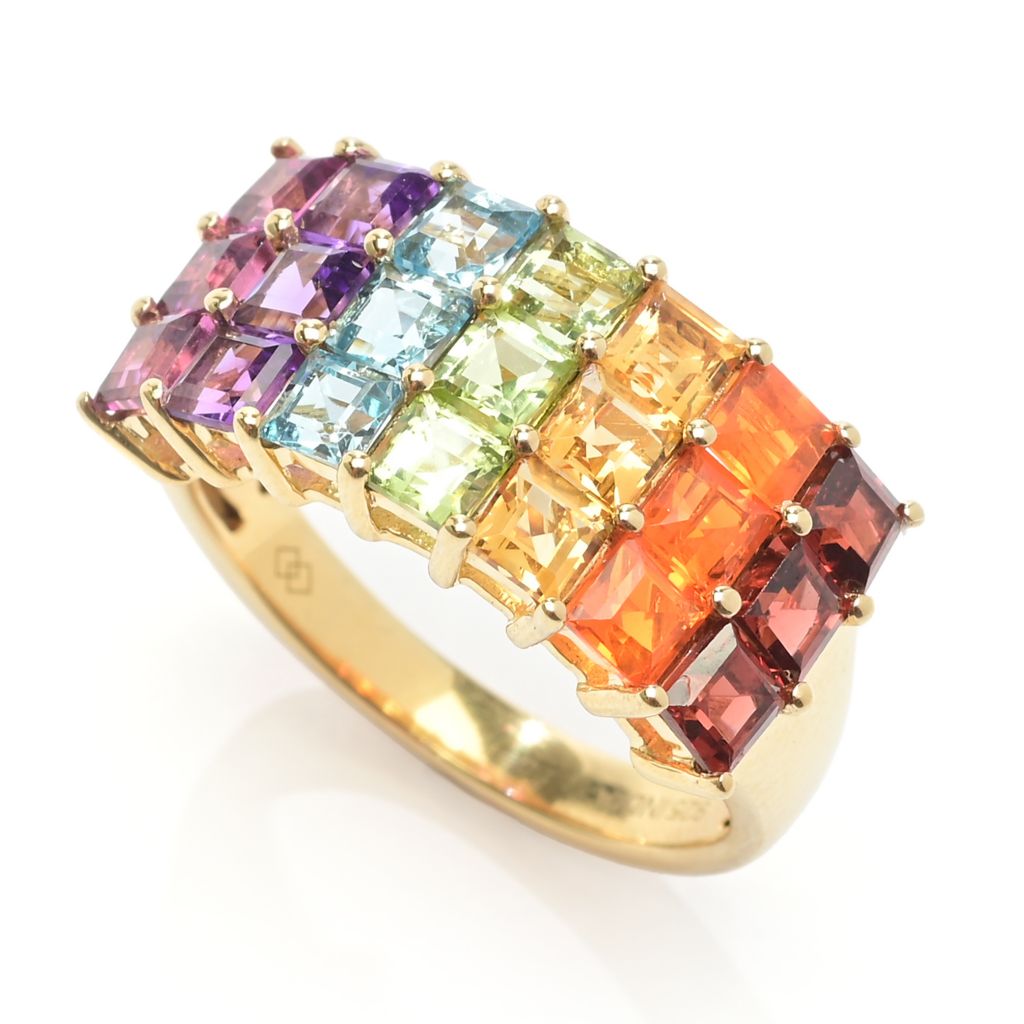 Anel Gem Treasures Ombre Rainbow com três fileiras de pedras preciosas e 3,63 quilates