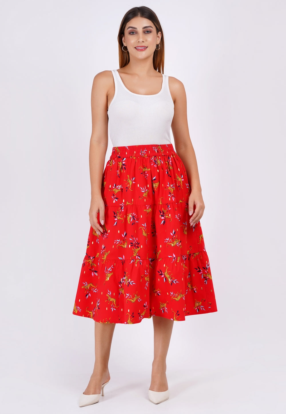 Evelyn Tiered Midi Skirt Lucky Cheetah Poppy Red