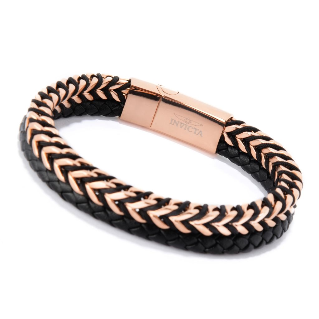 Invicta Jewelry Corrente de aço inoxidável de 8,75" e pulseira de couro