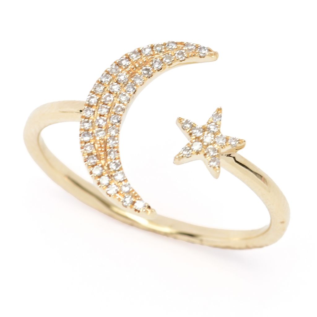 Anel de ouro 14K com diamantes de 0,14ctw e lua e estrela da Sabrina Designs, 1,9 gramas