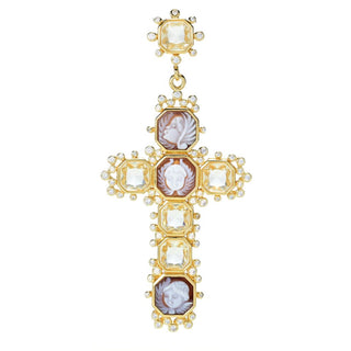Cameo Italiano "Sissi" Angel Shell Cameo & Simulated Diamond Cross Pendant