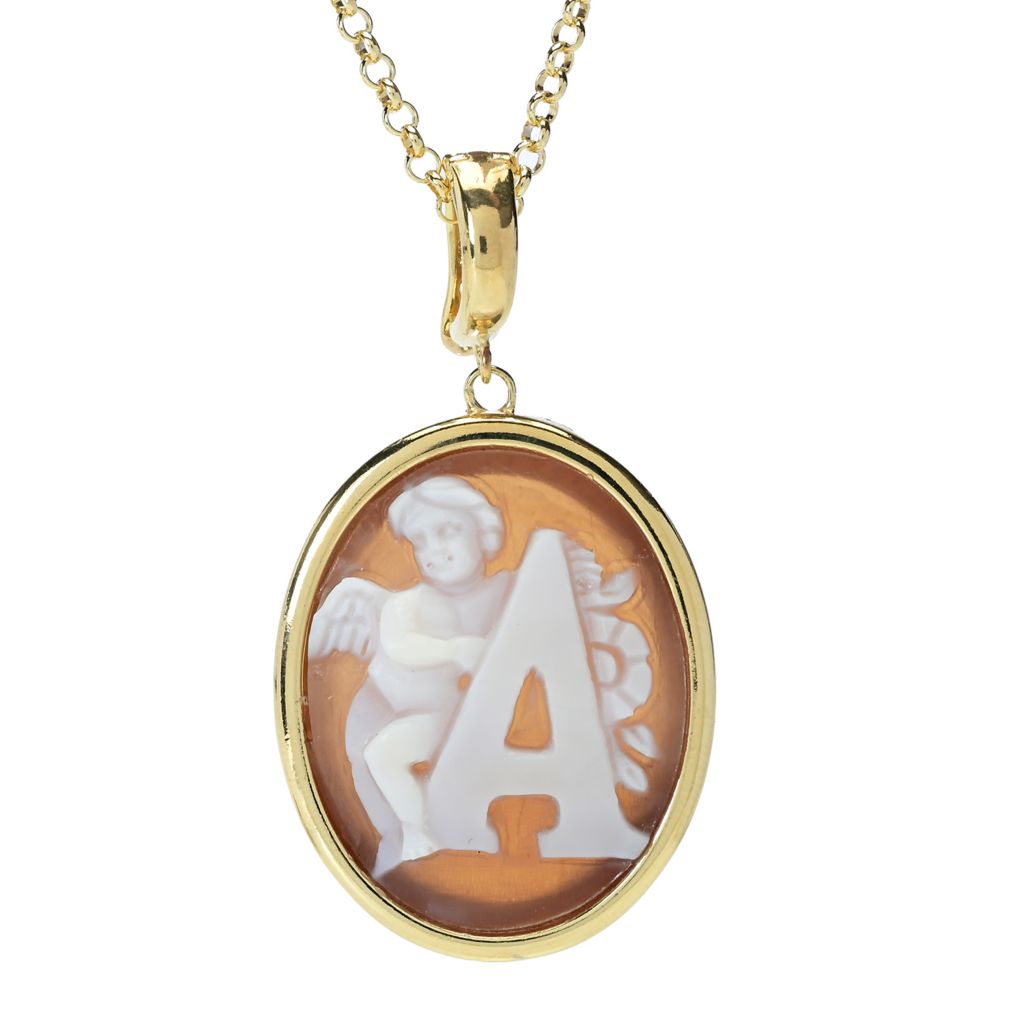 Pingente Cameo Italiano banhado a ouro 18K "Romantica" com inicial de anjo e corrente