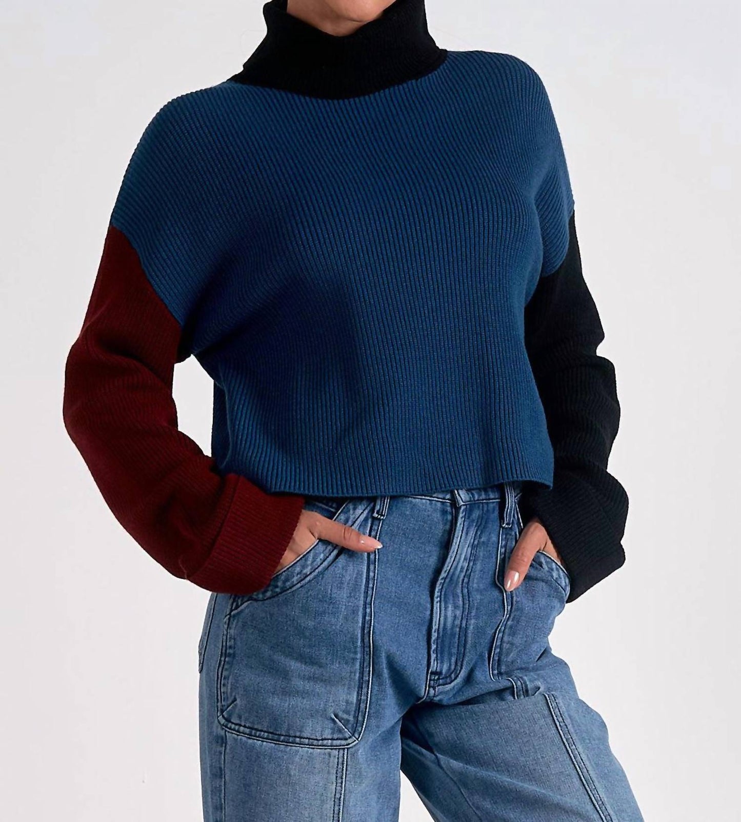Elan - Colorblock Turtle Neck Cropped Sweater