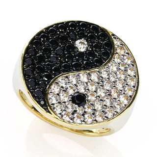 Anel Yin e Yang banhado a ouro 18K com zircônia branca de 2,58 quilates e espinélio