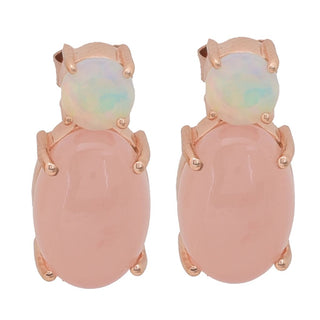 Brincos de gota ovais de calcedônia rosa e opala etíope banhados a ouro 18K de 14 x 10 mm