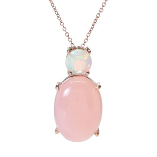 Pingente oval de calcedônia rosa e opala etíope banhado a ouro rosa 18x13 mm com corrente