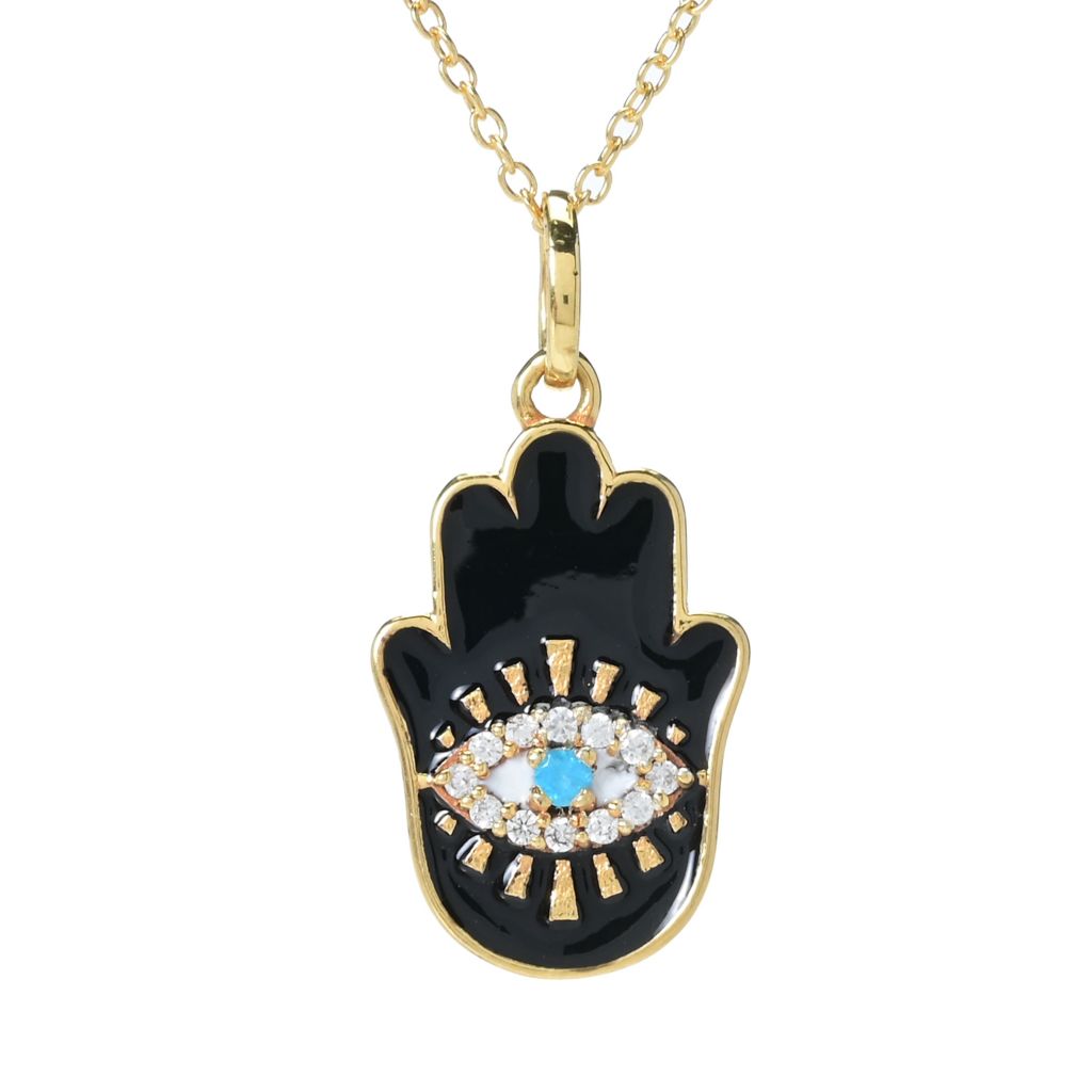 Pingente Hamsa de apatita neon, zircônia e esmalte banhado a ouro 18K 0,19ct com corrente